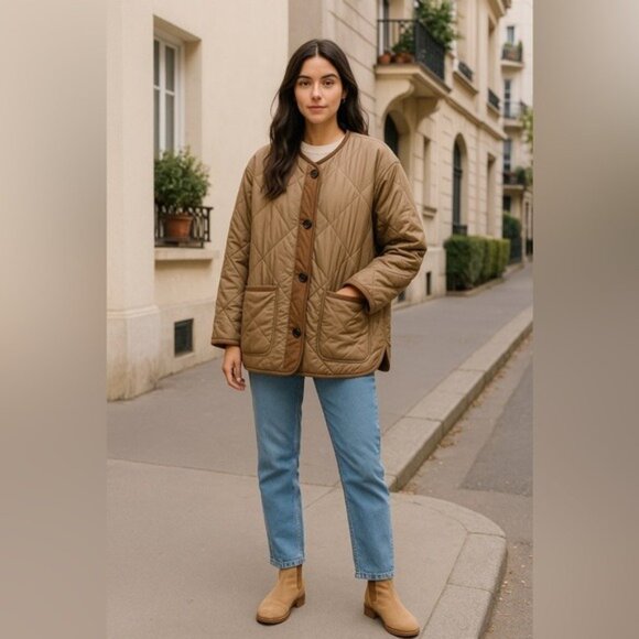 The Brass Monkey Tan Oversize Quilted Jacket Coat Size Medium Boho Military - Picture 1 of 12